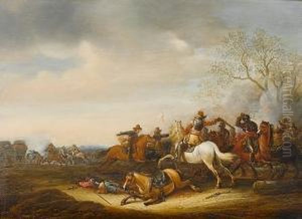 A Cavalry Skirmish On A Country Path by Abraham van der Hoef