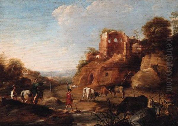 An Italianate Landscape With Drovers By A Stream, Classical Ruinson A Hill Beyond by Dirck Van Der Lisse