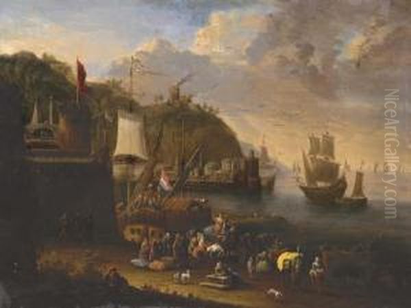 A Port Scene With Figures Unloading And Shipping Beyond by Jean Baptist Van Der Meiren