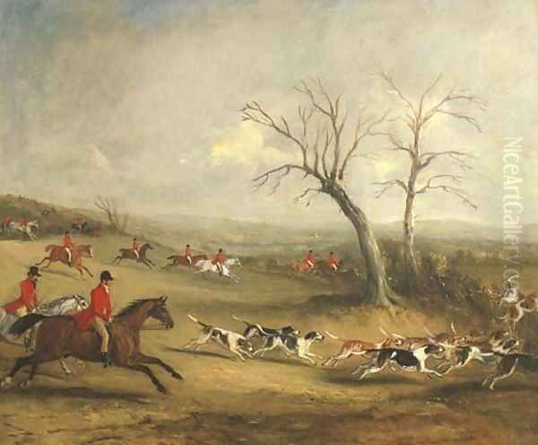 Full Cry Captain White hunting with the Quorn, with Hoby Church and Brooksby Hall in the distance Oil Painting - John Jnr. Ferneley