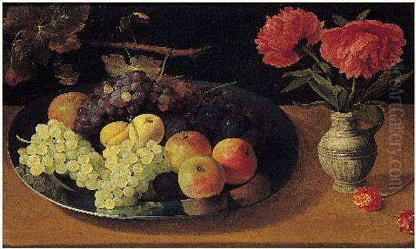 Fruits Dans Un Plat D'argent Et Vase De Gres Avec Pivoines by Jacob Fopsen van Es