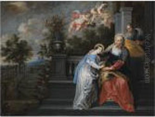 Saint Anne Teaching The Virgin 
Mary To Read, In A Garden Setting,with Two Angels Descending, Bearing A 
Floral Crown by Willem Van Herp