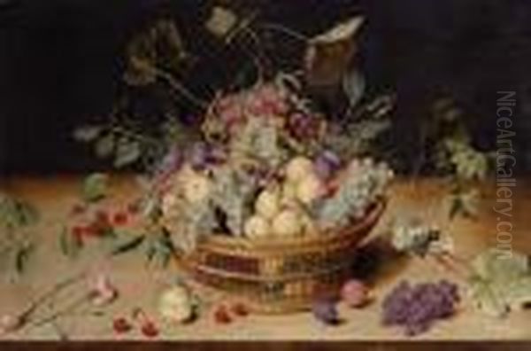 Plums, Grapes, Peaches And 
Cherries In A Basket And Strewn On A Ledge With Carnations And A 
Butterfly by Jacob van Hulsdonck