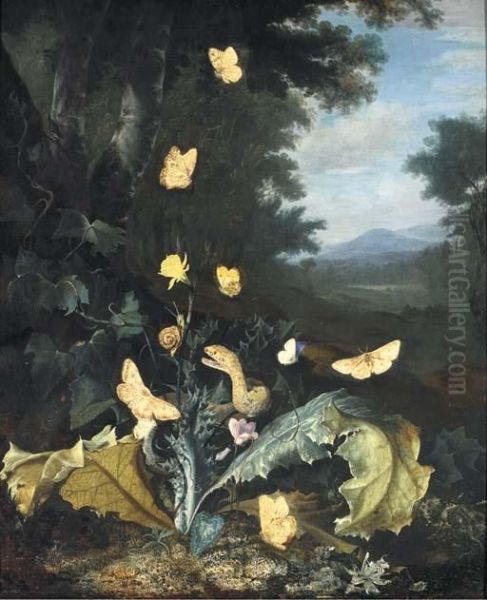 A Forest Floor Still Life With A
 Snake, Butterflies, A Ladybird Anda Snail, A Mountainous Landscape 
Beyond by Otto Marseus Snuff. Van Schrieck