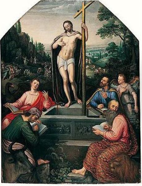 The Risen Christ As The Well Of Life, Attended By The Four Evangelists by Lucas van Valckenborch