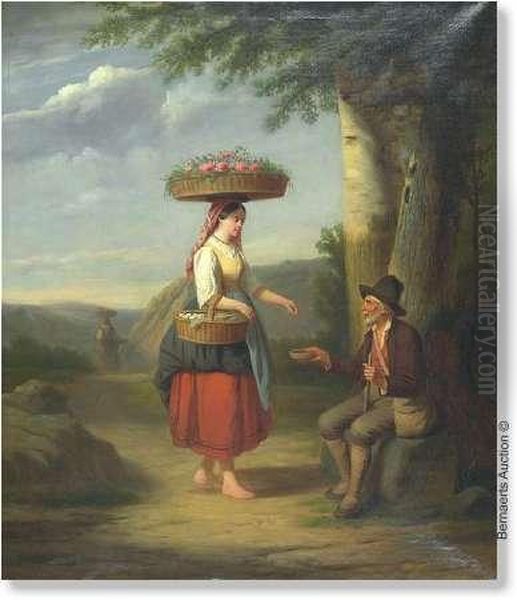 Flower And Eggmerchant Near Beggar. Canvas. Signed'ch.venneman' by Camille Vennemann