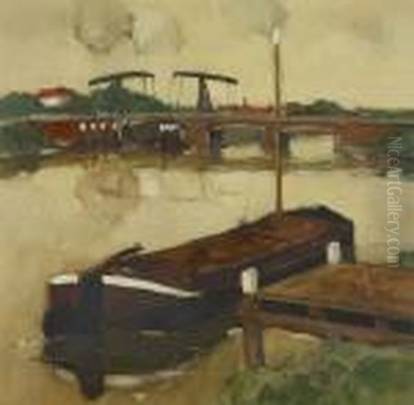 Bridge With Lock And Moored Barge by Oscar Verpoorten