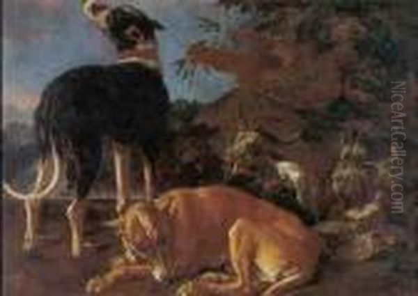 Hunting Dogs In A Landscape by Frans Werner Von Tamm