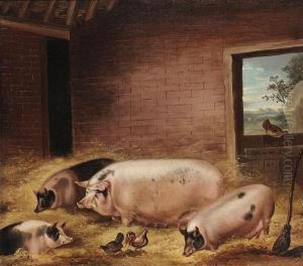 Four Pigs With Chickens In A Barn by Thomas Weaver