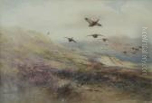 Grouse In Flight Over Moorland by Charles Whymper