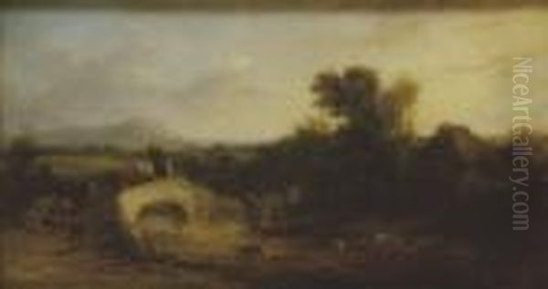 Cattle And Drover Crossing A Bridge On A Pastoral Landscape by John James Wilson