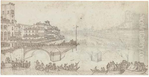 Il Giocco Del Ponte On The Ponte
 Di Mezzo Over The Arno At Pisa(recto); A Garden And Courtyard Behind A 
Church (verso) by Giuseppe Zocchi