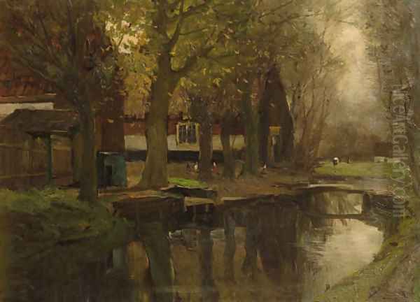 Farmhouses along a brook by Charles Paul Gruppe