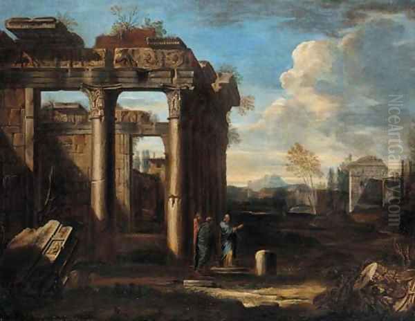 Scholars conversing amongst classical ruins by Giovanni Ghisolfi