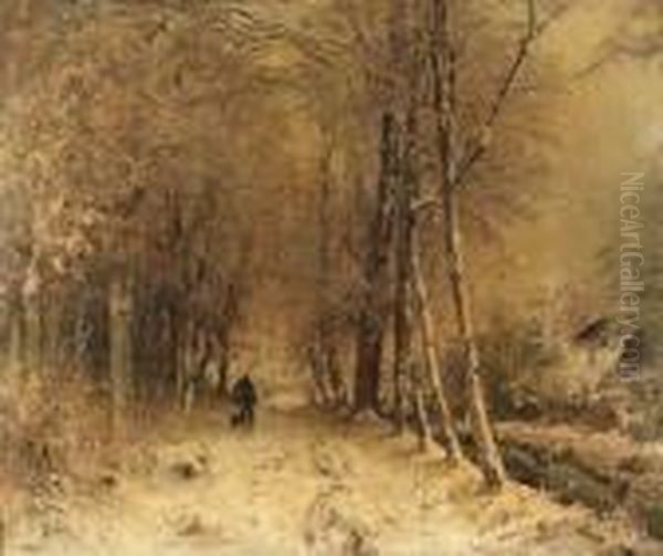 A Man Walking His Dog In A Snow-clad Wooded Lane by Louis Apol