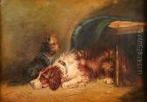 Board Terrier And Spaniel Dog By A Table by George Armfield