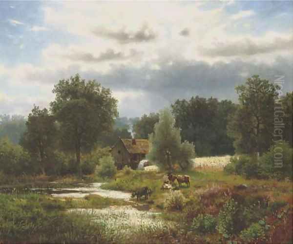 Cattle by a watermill by Herman Herzog