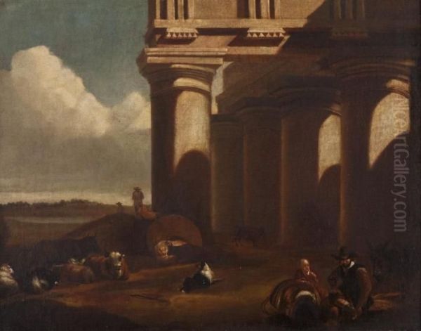 Figures And Cattle Resting By Columns by Nicolaes Berchem