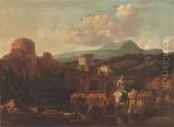 A Landscape With Drovers And Their Cattle by Nicolaes Berchem