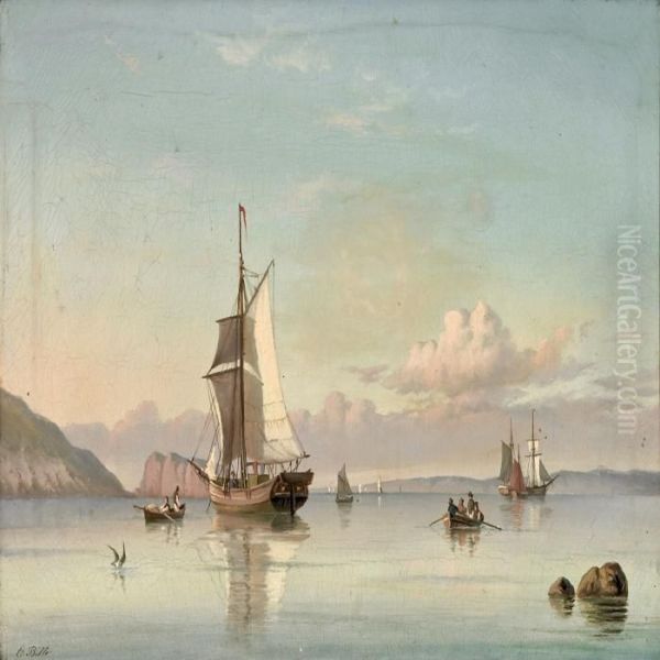 Ships By The Coast,presumably Italy by Carl Ludwig Bille