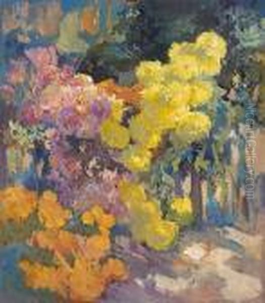 A Walkway Lined With Pink And Yellow Chrysanthemums by Franz Bischoff