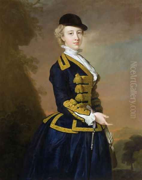 Portrait of Nancy Fortesque wearing a dark blue riding habit by Thomas Hudson