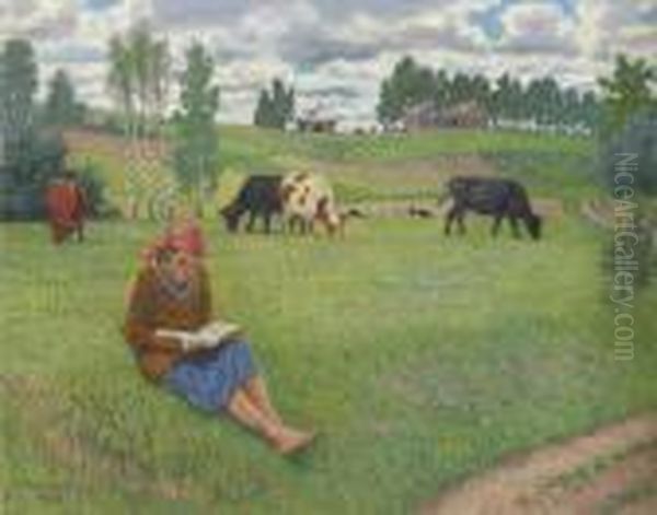 Young Girl Reading In A Meadow by Nikolai Petrovich Bogdanov-Belsky