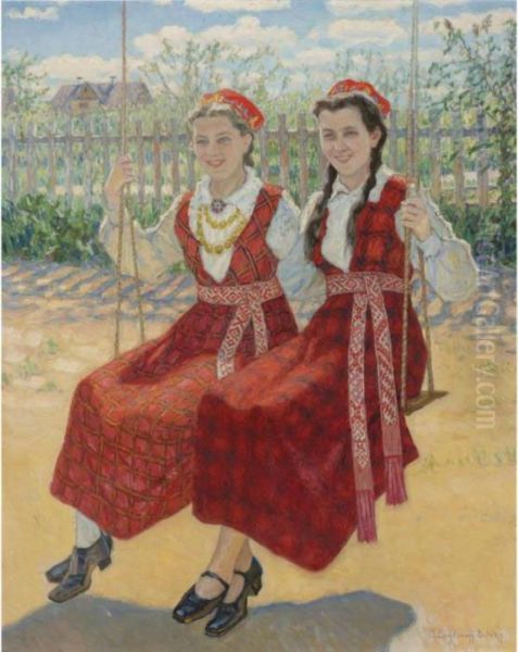 Two Girls On A Swing by Nikolai Petrovich Bogdanov-Belsky