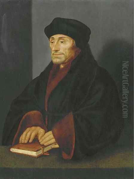 Portrait of Erasmus, small half-length, his hands resting on a book on a table by Hans Holbein the Younger