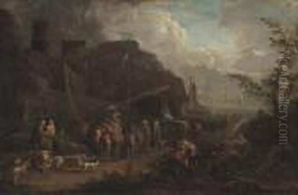 A Harbour Scene With Stevedores On The Shore by Peeter Bout