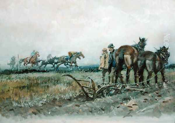 Racehorses at Exercise Watched by Ploughmen by Gilbert Holiday