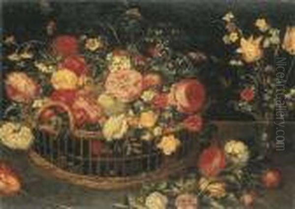 Roses, Carnations And Other 
Flowers In A Basket, With Tulips Andnarcissi In A Vase On A Table by Jan Brueghel the Younger