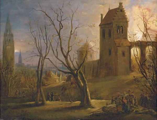 A town at sunset with a house on fire in the foreground by Daniel van Heil