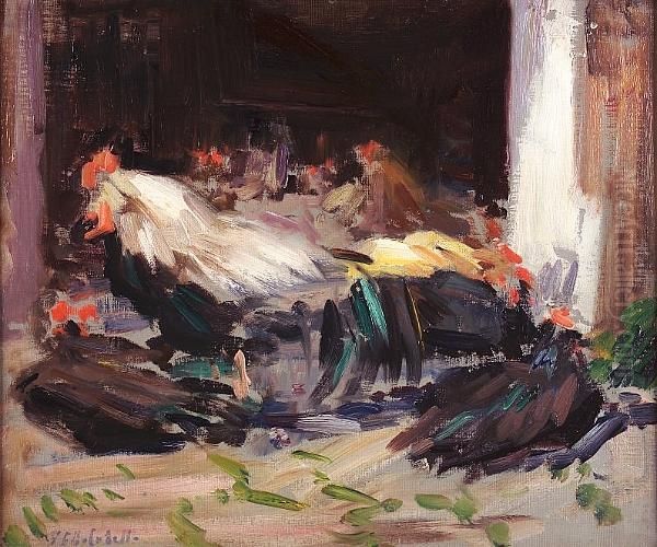 Cockerel And Hens In A Barn by Francis Campbell Boileau Cadell