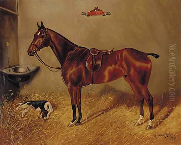 Hotspur, a saddled liver chestnut hunter with a dog in a stable by Herbert Jones