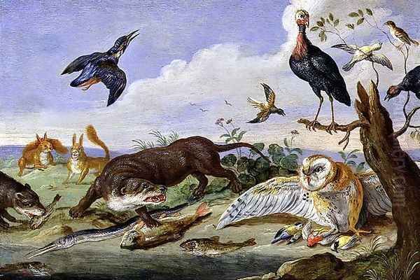 An Otter and an Owl Guarding their Catches by Jan van Kessel