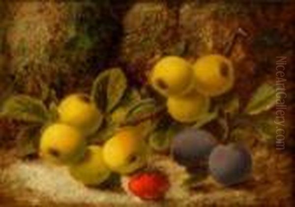 Plums And A Strawberry On A Mossy Bank by Oliver Clare