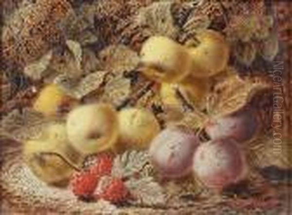 Apples, Plums And Raspberries On A Mossy Back by Oliver Clare