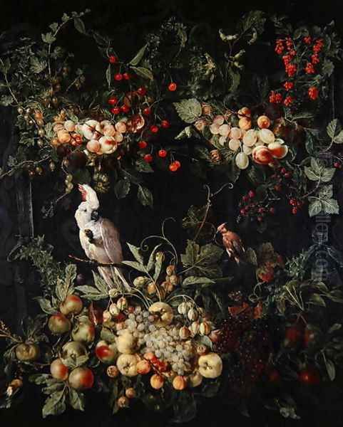 Swags of fruit with flowers round a cartouche with a sulpher crested cockatoo by Jan van Kessel