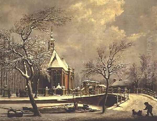 Dutch church beside a frozen canal by Cornelis de Krunt