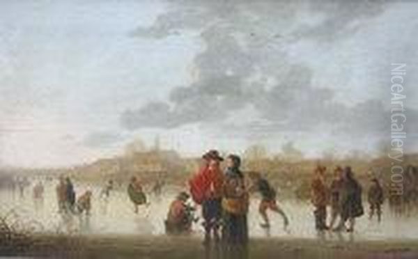 A Frozen River Landscape With Skaters by Aelbert Cuyp