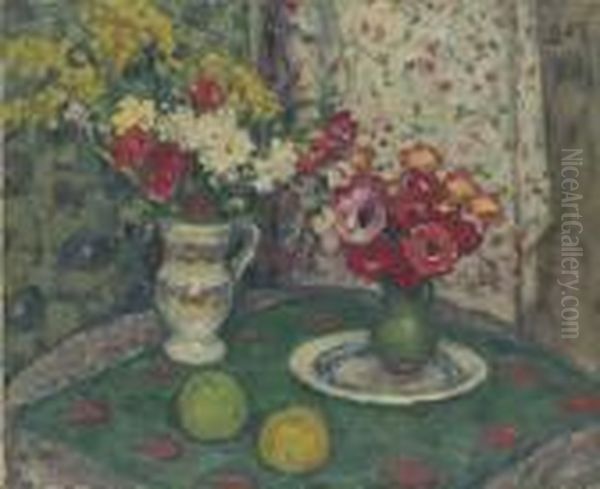 Nature Morte Avec Deux Vases De Fleurs by Georges dEspagnat