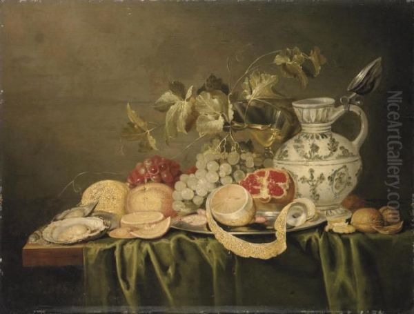 A Sliced And Peeled Lemon With Prawns On A Silver Platter by Jan Davidsz De Heem