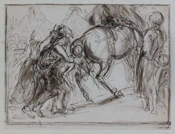 Etudes De Personnages Derriere Un Cheval by Alfred Dehodencq