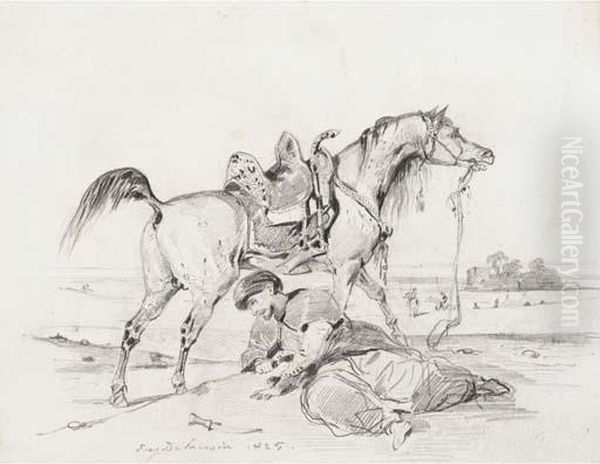 A Stallion In Profile To The Right, An Arab Crouching In The Foreground by Eugene Delacroix