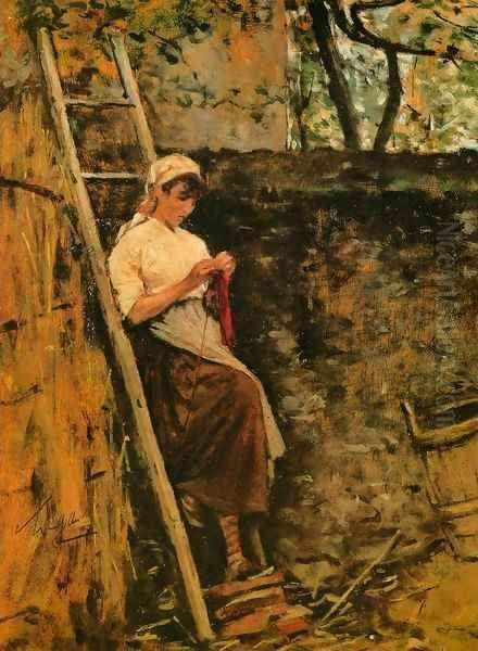 Country Girl Leaning against a Ladder by Sylvestro Lega