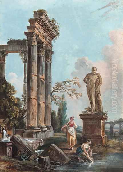 A capriccio with the Temple of Concord and the Farnese Hercules by Jean-Baptiste Lallemand