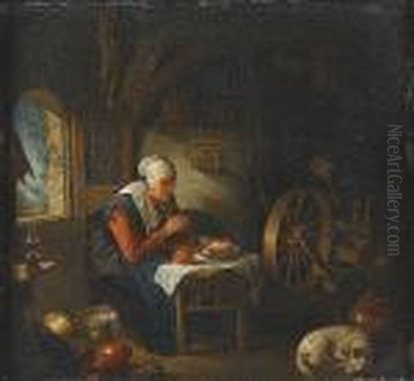 An Interior With A Spinning Woman At Prayer by Gerrit Dou