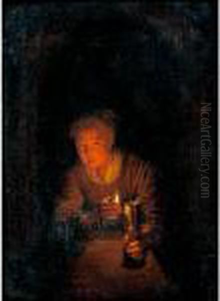 Interior With A Woman Holding A Candle by Gerrit Dou