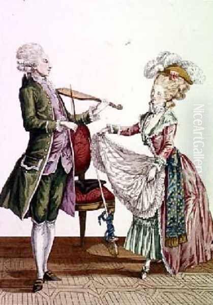 A gentleman playing the violin while a lady dances by Pierre Thomas Le Clerc